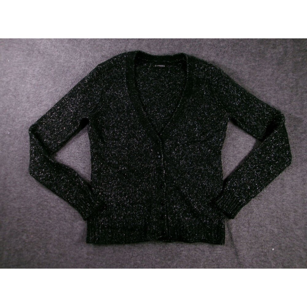 Express Cardigan Womens L Black Metallic Sparkle V-Neck Button Long Sleeve